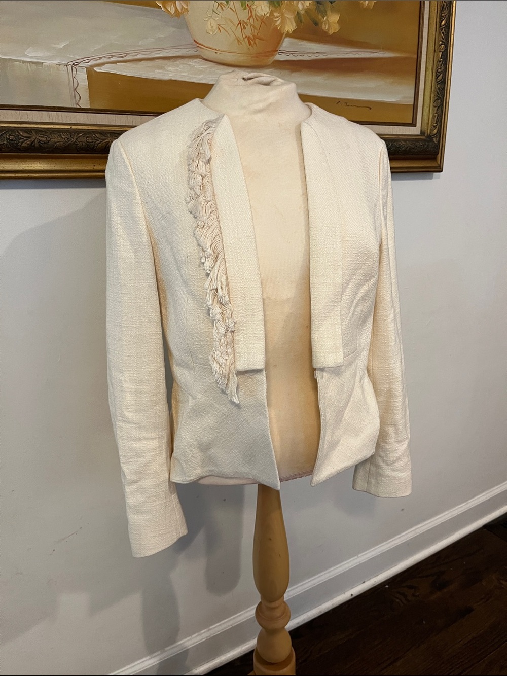 Derek Lam Cream Open-Front Fringe-Trim Blazer